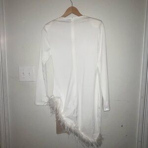 Stylish White Feather-Trim Mini Dress